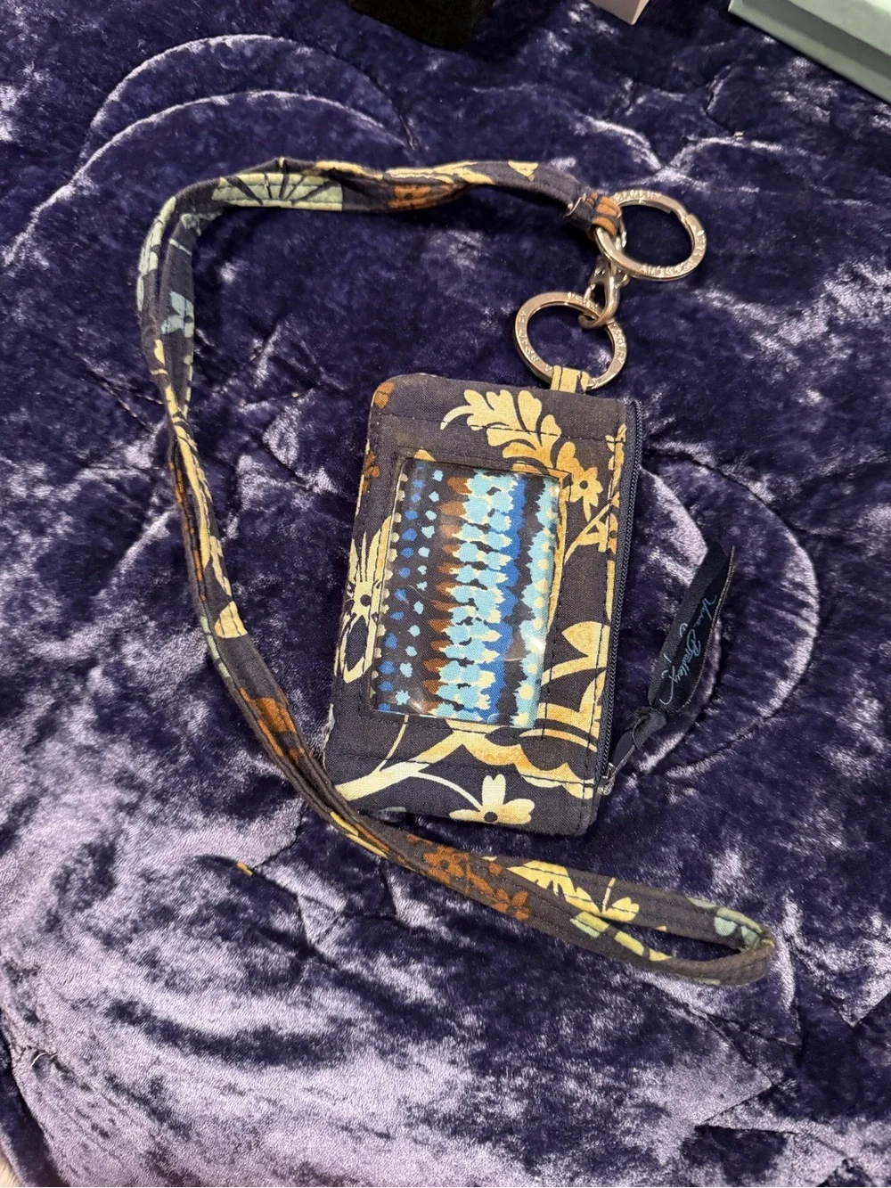 Vera Bradley Floral ID Lanyard Wallet in Navy, Brown & Light Blue
